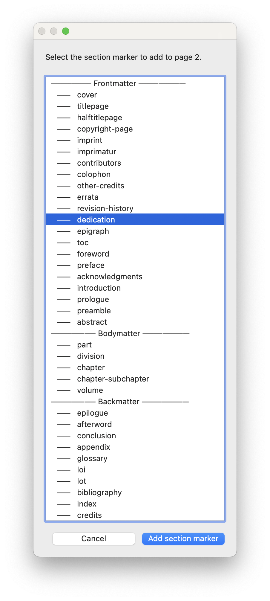 A dialog containing all available section markers to select