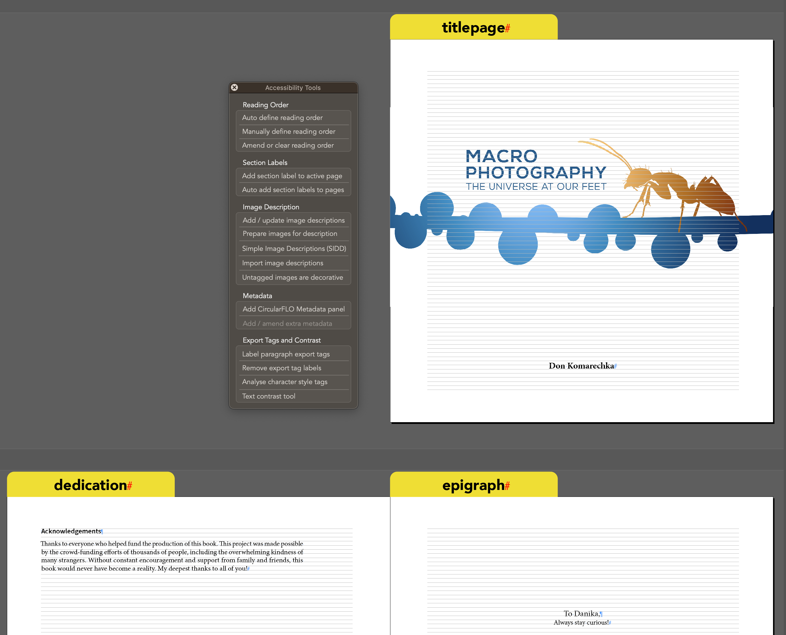 A couple of spread in InDesign show titlepage, dedication and epigraph section labels