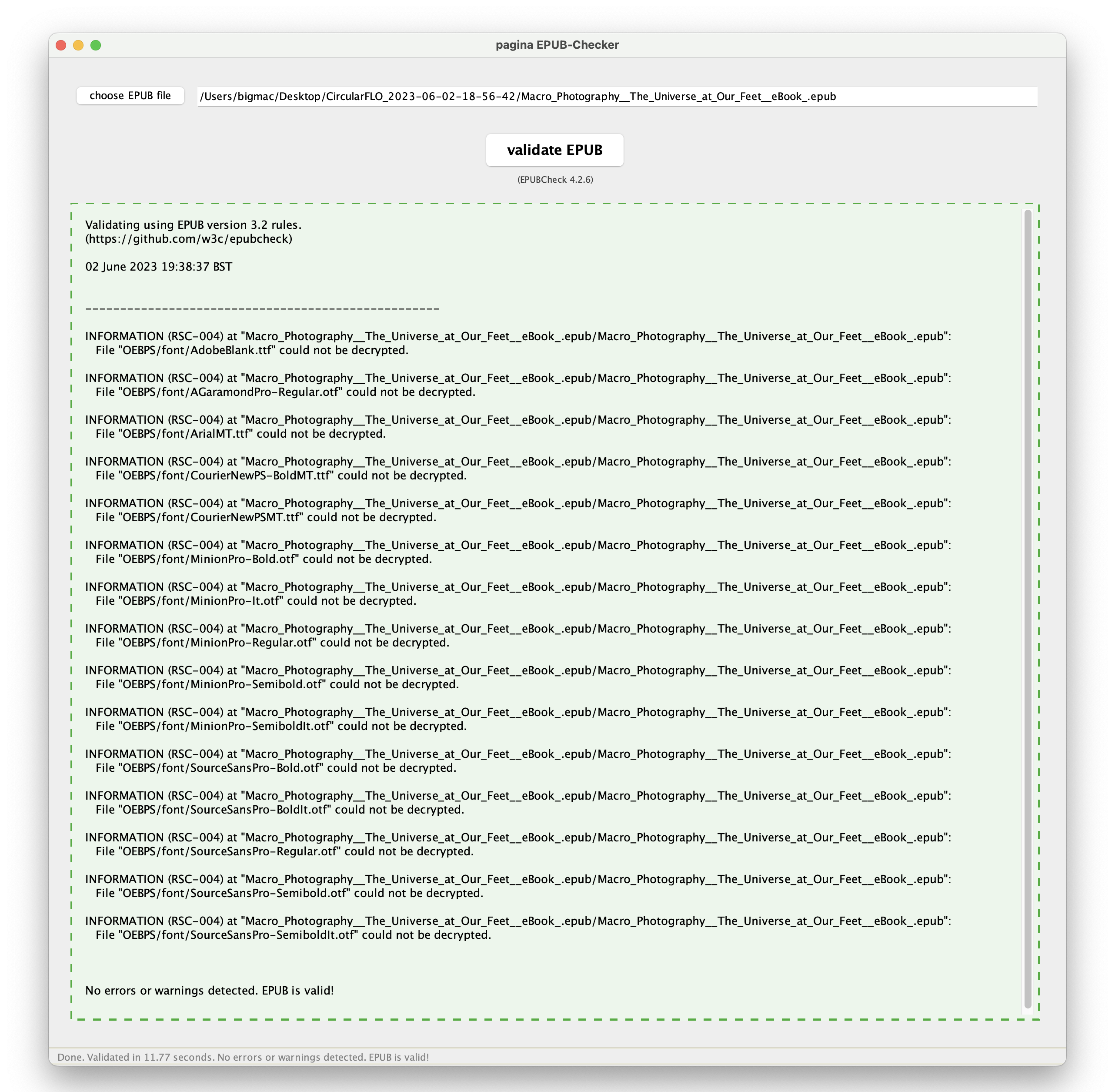 A sample Pagina EPUB-Checker report that shows no issues.