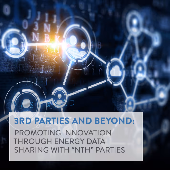 Abstract digital illustration showing connected data nodes with text promoting energy data sharing through third parties