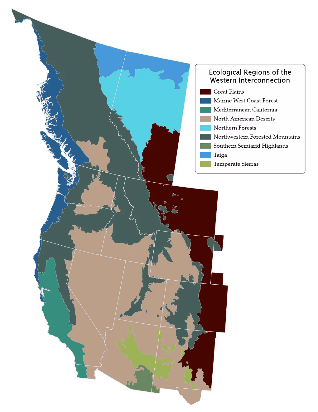 Color-coded map showing Ecological Regions of the Western Interconnection with legend identifying nine regions: Great Plains, Marine West Coast Forest, Mediterranean California, North American Deserts, Northern Forests, Northwestern Forested Mountains, Southern Semiarid Highlands, Taiga, and Temperate Sierras