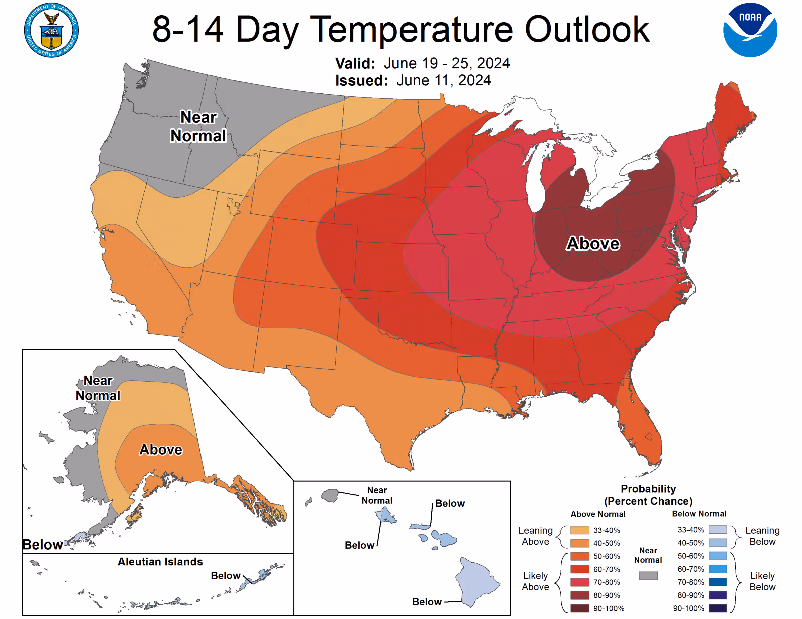 NOAA 8-14 day temperature outlook map for June 19-25, 2024, showing above-normal temperatures in eastern US