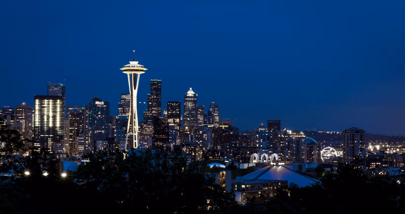 Seattle city skyline at night featuring the Space Needle with illuminated buildings
