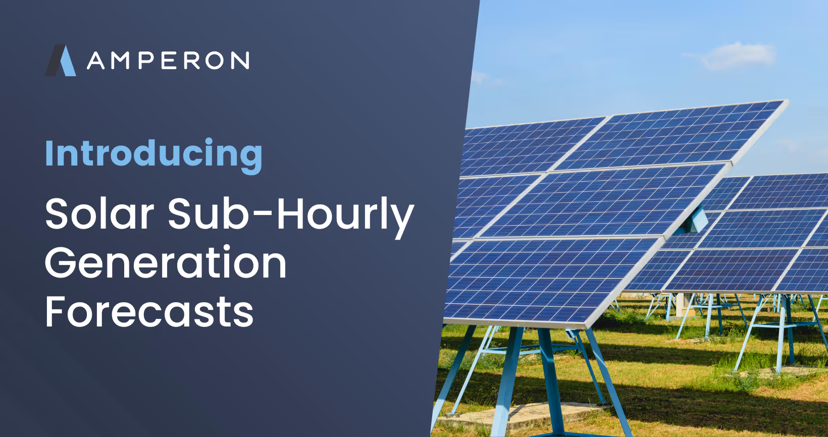 Marketing graphic announcing "Introducing Solar Sub-Hourly Generation Forecasts" with photograph of solar panel installation on ground-mounted framework in grassy field