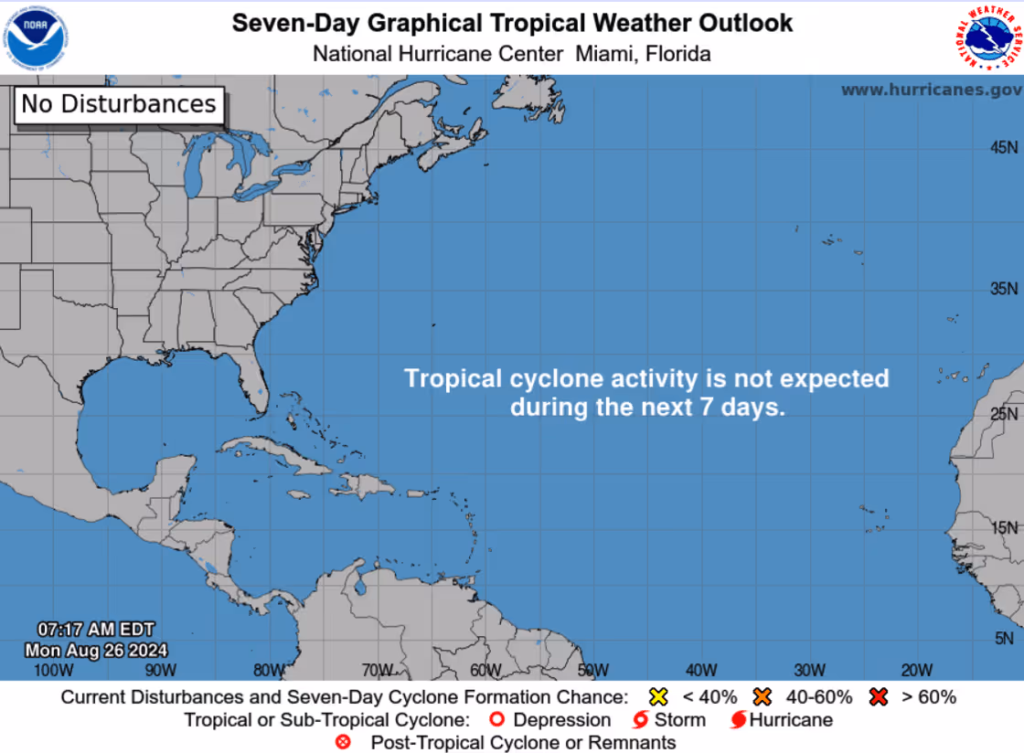 NOAA Seven-Day Graphical Tropical Weather Outlook map from National Hurricane Center showing Atlantic basin with "No Disturbances" indication and statement that tropical cyclone activity is not expected during next 7 days, dated August 26, 2024