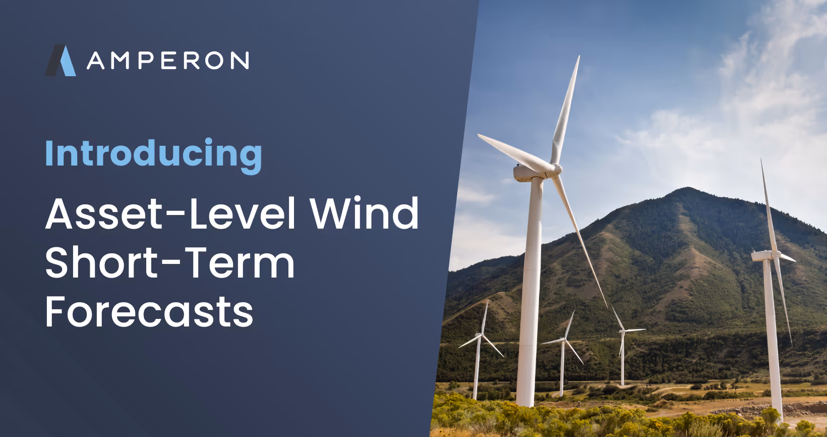 Marketing graphic announcing "Introducing Asset-Level Wind Short-Term Forecasts" with photograph of wind turbines against mountain landscape backdrop