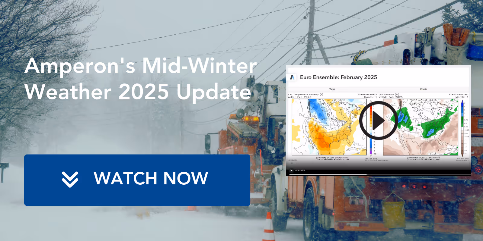 Marketing banner for "Amperon's Mid-Winter Weather 2025 Update" with "Watch Now" call-to-action button, featuring background image of utility workers and embedded video preview of Euro Ensemble forecast