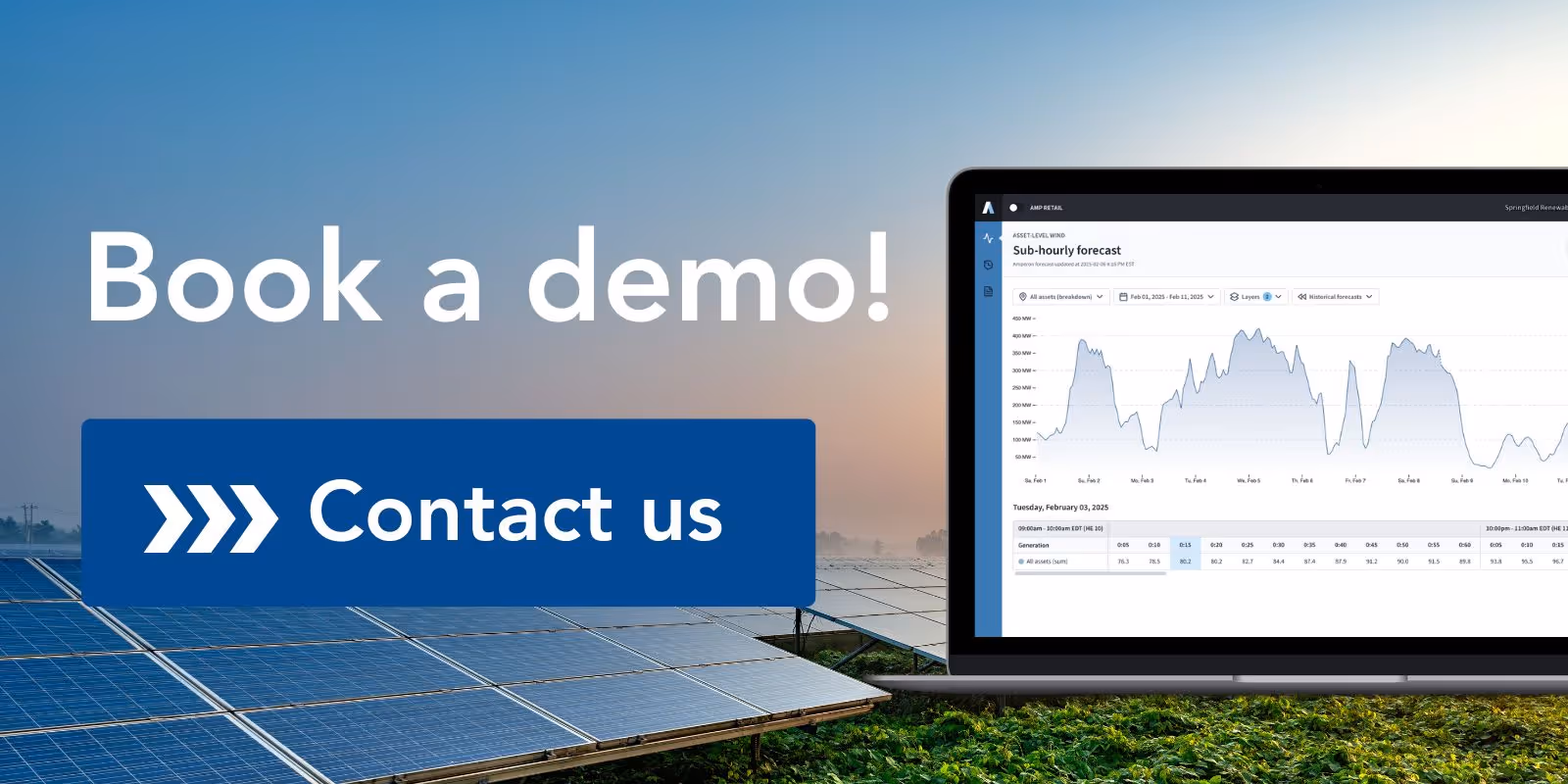 Marketing image with text "Book a demo! Contact us" overlaid on solar panel field with laptop displaying Amperon's sub-hourly forecast interface