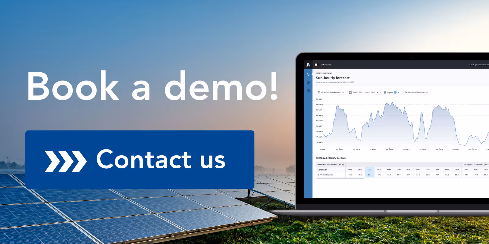 Amperon call-to-action banner "Book a demo! Contact us" with solar farm foreground and laptop displaying sub-hourly wind forecast dashboard