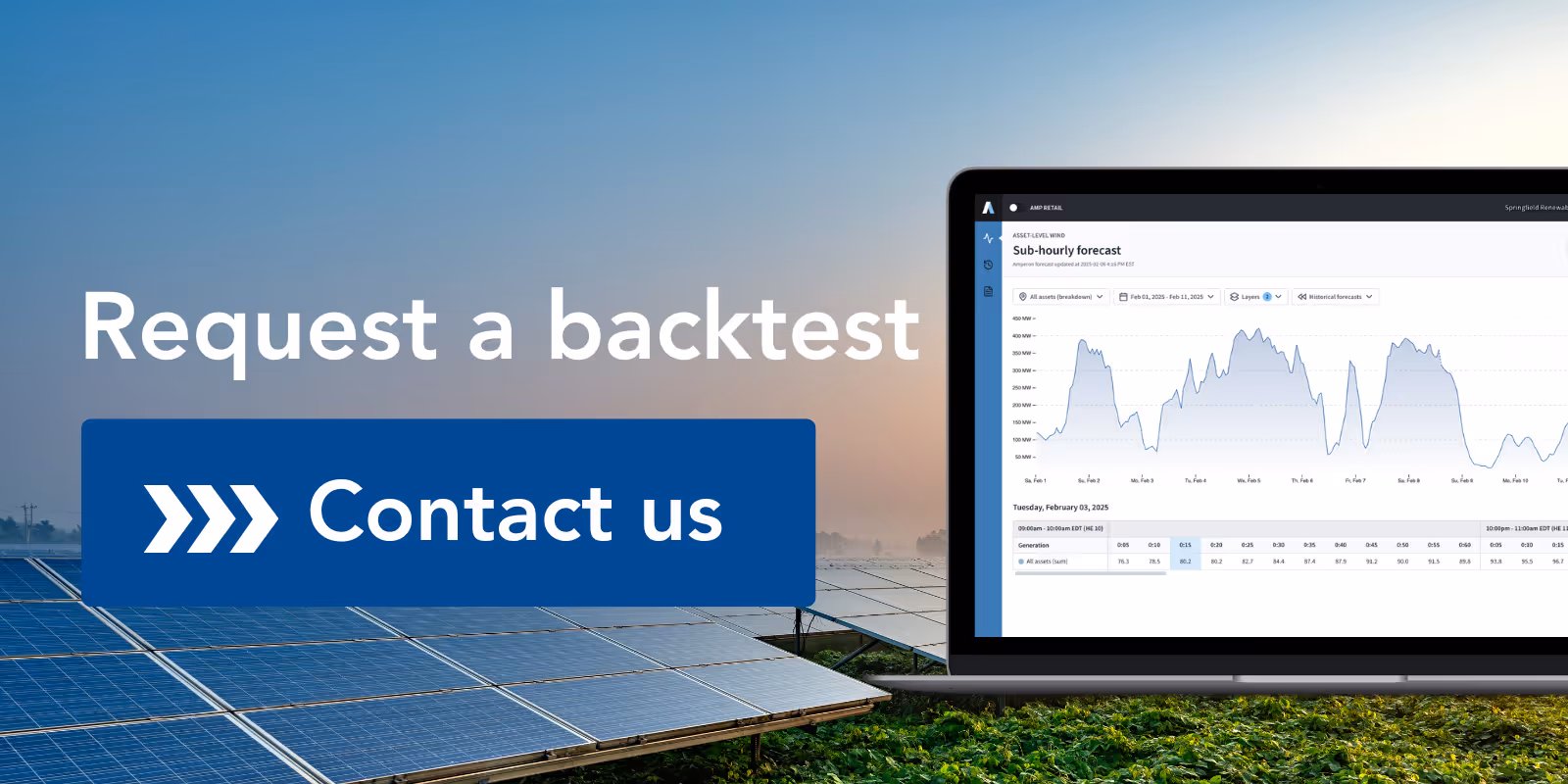 Amperon call-to-action banner "Request a backtest - Contact us" with solar farm and laptop displaying sub-hourly wind forecast interface
