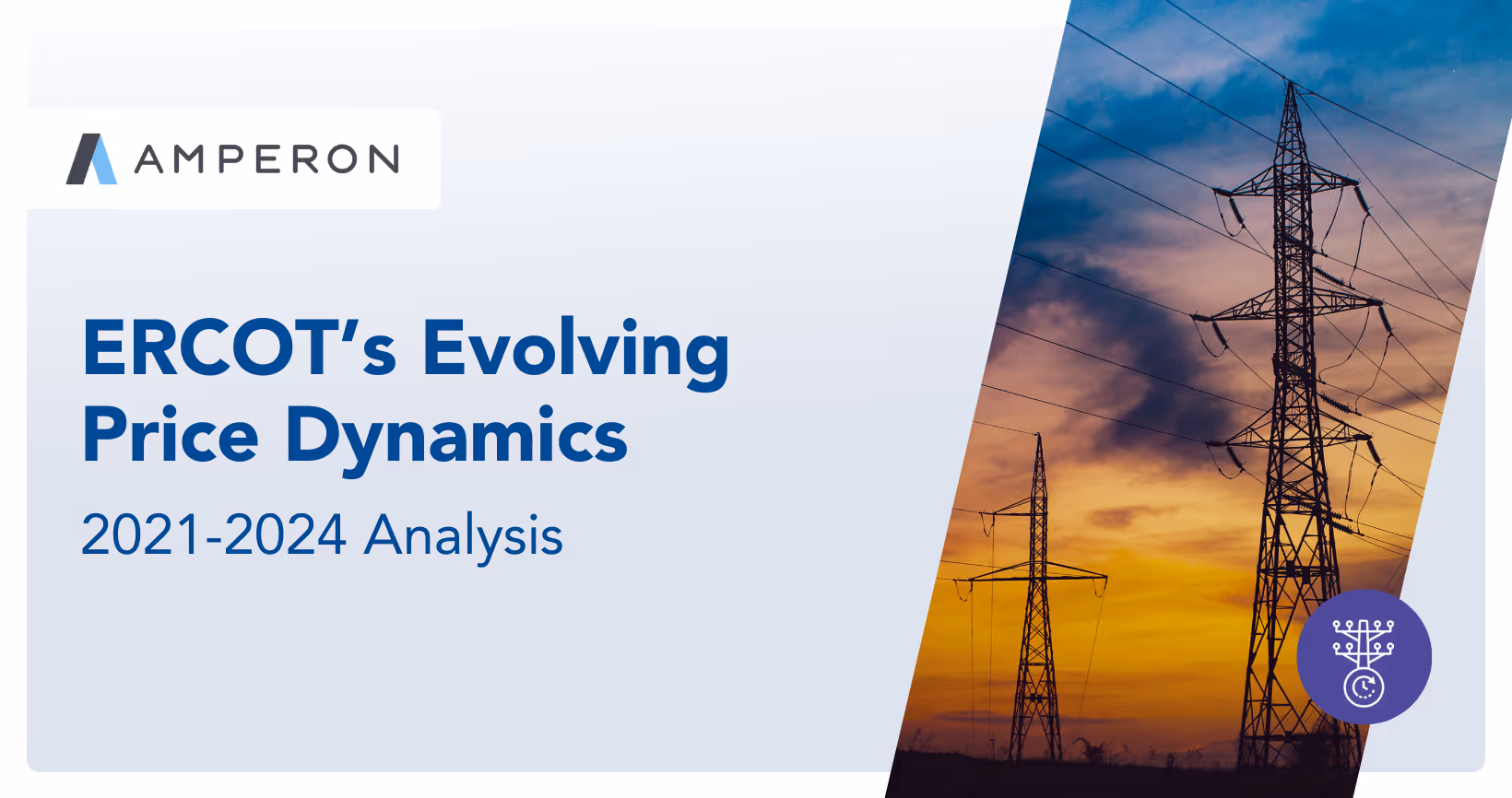 Amperon presentation slide titled "ERCOT's Evolving Price Dynamics 2021-2024 Analysis" with sunset transmission tower image