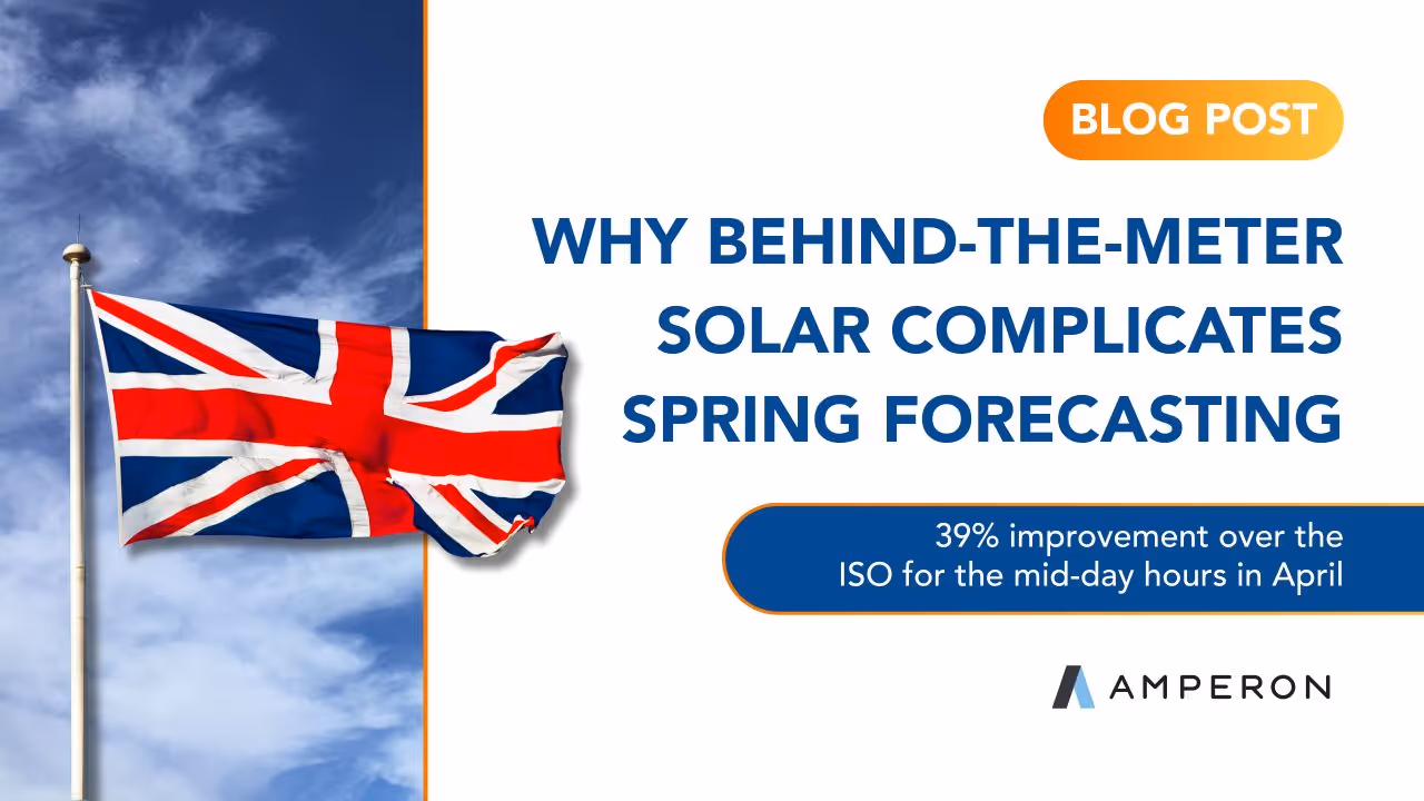 Blog post header with UK flag titled "Why Behind-the-Meter Solar Complicates Spring Forecasting" noting 39% improvement over ISO for mid-day hours in April