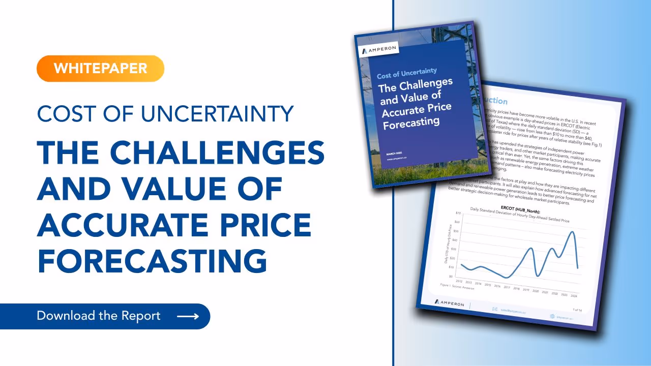 Amperon whitepaper preview titled Cost of Uncertainty: The Challenges and Value of Accurate Price Forecasting with report cover and sample graph page