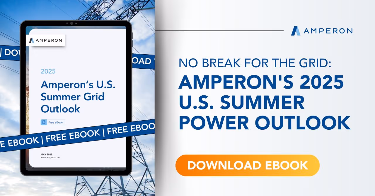 Amperon's 2025 U.S. Summer Grid Outlook eBook displayed on a tablet, with energy lines in the background