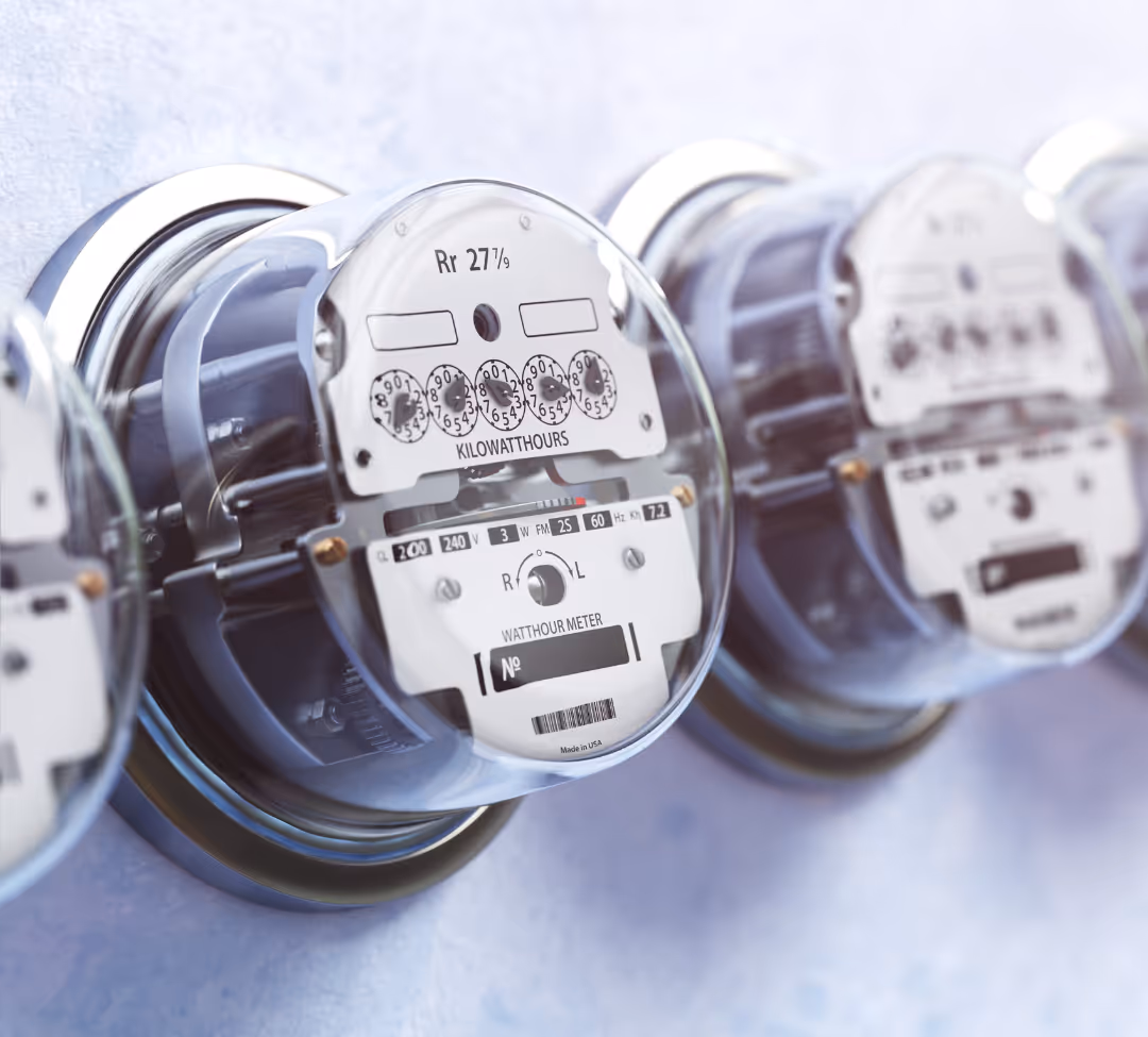 Row of analog electric utility meters displaying kilowatt-hour consumption readings