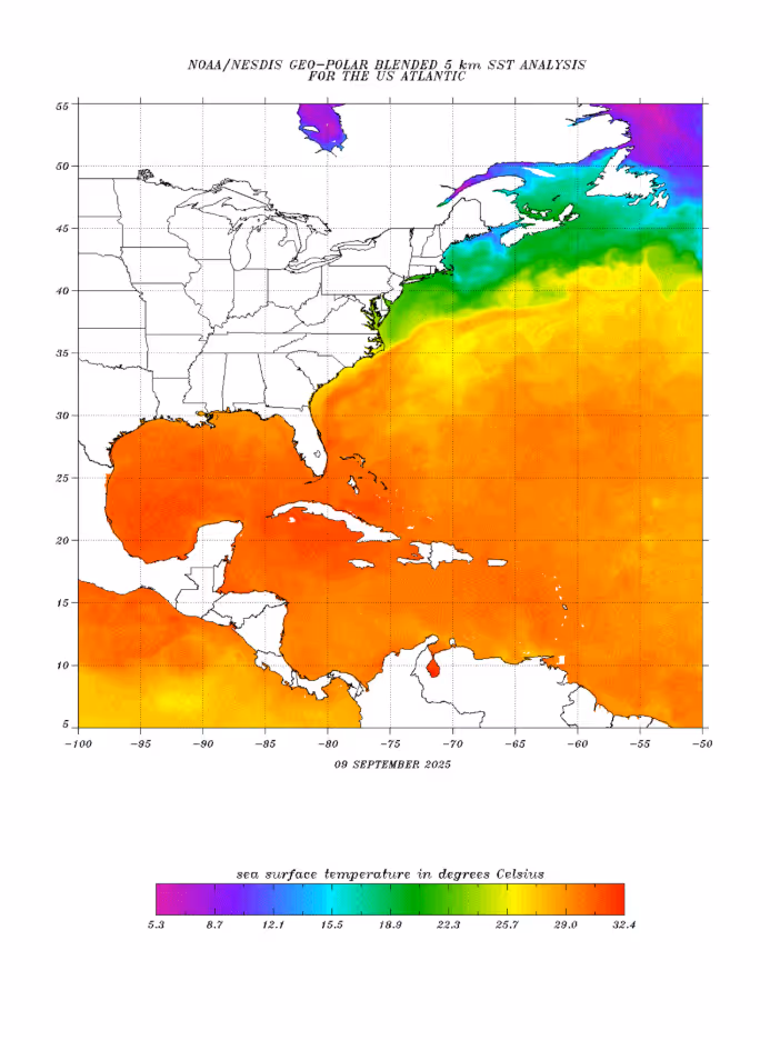 NOAA GEO-POLAR BLENDED 5km SST analysis map of US Atlantic showing sea surface temperatures in degrees Celsius, dated September 9, 2025