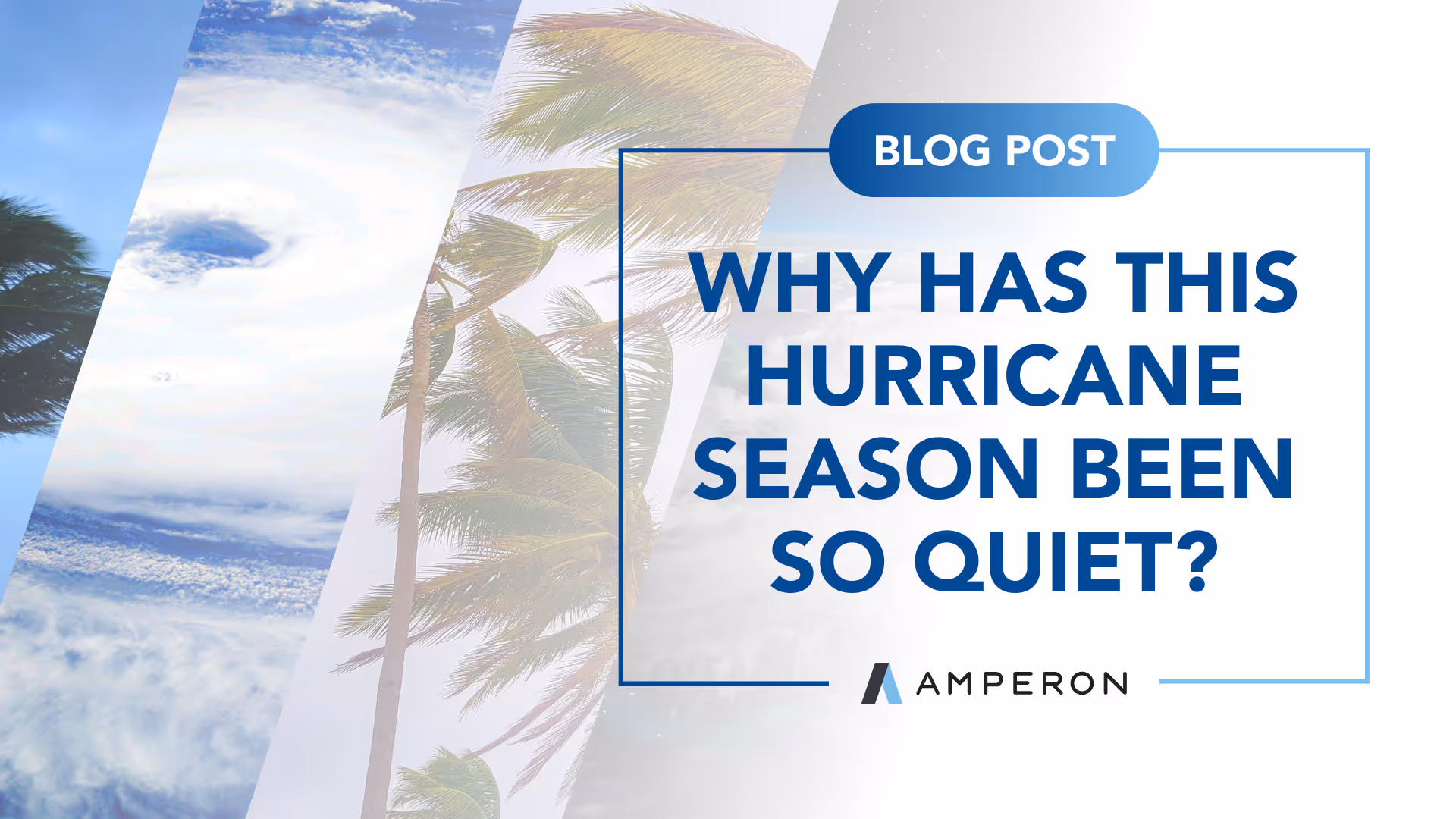 Blog post header with palm tree in hurricane winds asking Why Has This Hurricane Season Been So Quiet with Amperon branding