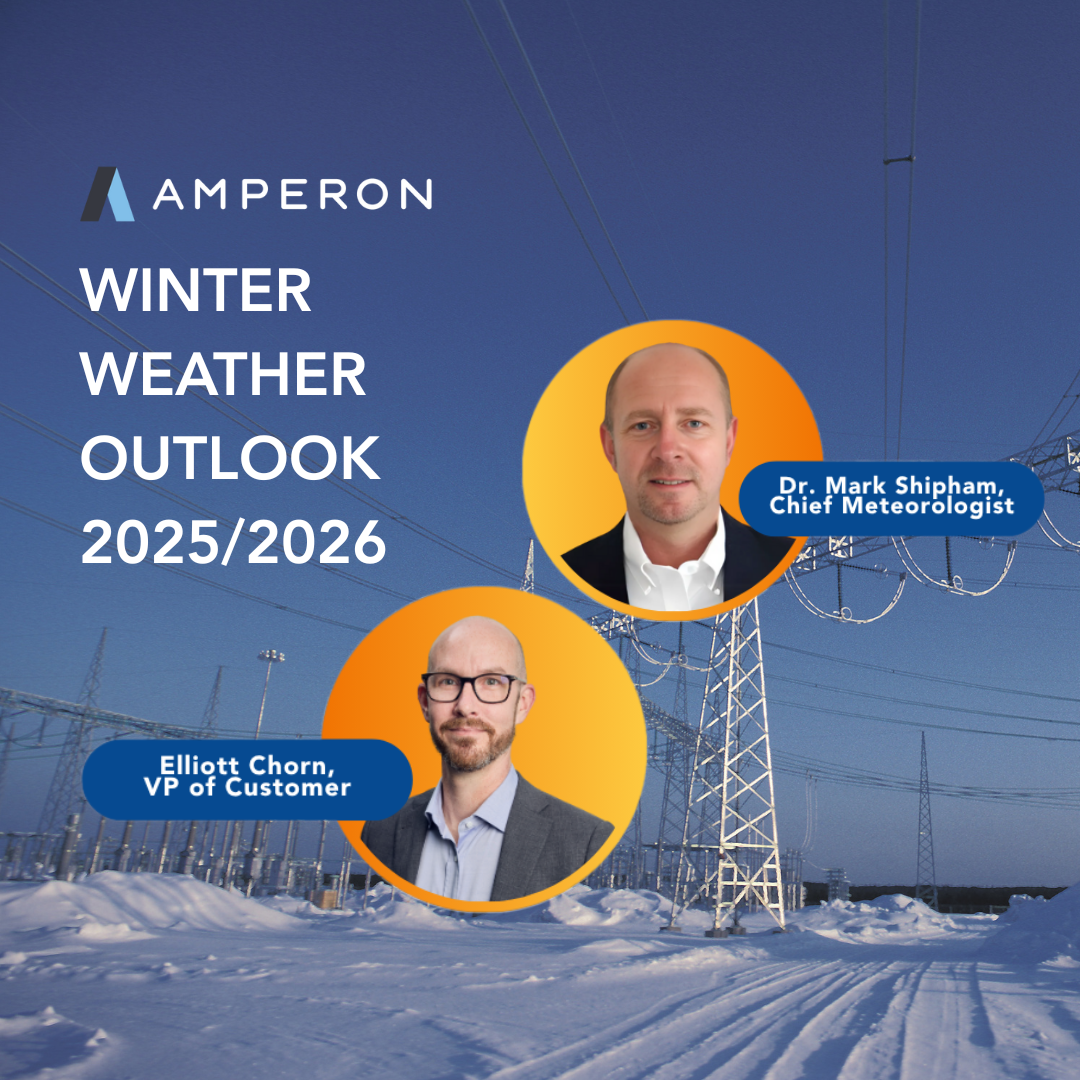 A professional promotional image for an on-demand webinar with two speakers discussing weather-informed energy demand forecasts, featuring Amperon branding