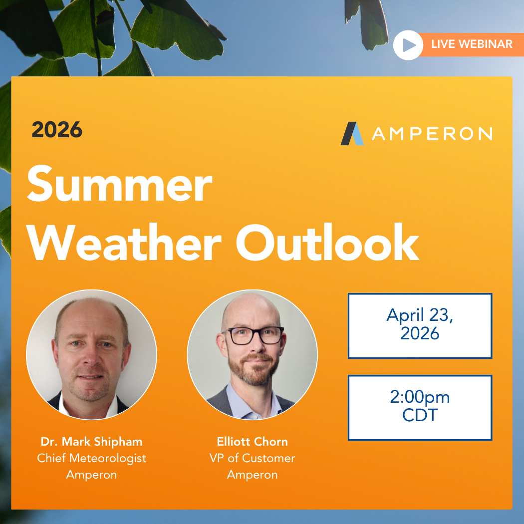 A professional promotional image for an on-demand webinar with two speakers discussing weather-informed energy demand forecasts, featuring Amperon branding