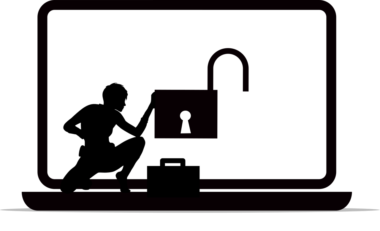 An illustration showing a silhouette of a person unlocking a padlock on a laptop screen and a closed briefcase nearby