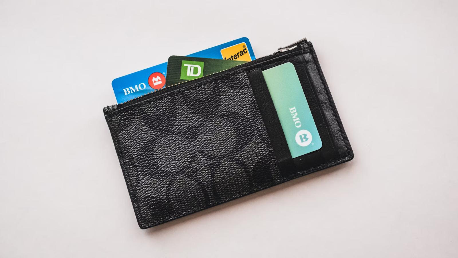 A photo of a cardholder with payment cards stacked in it