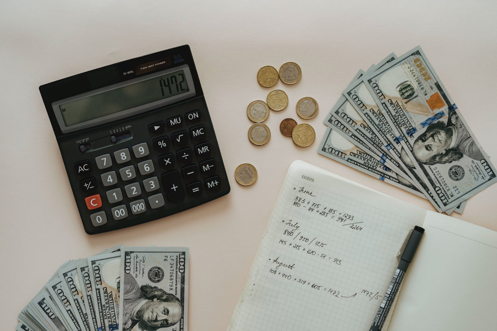 A photo of a calculator, dollar notes, coins, and a notebook placed on a table