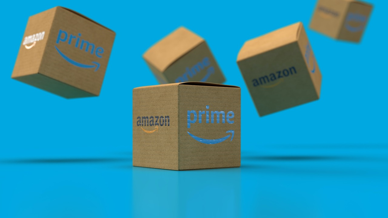 A photo of Amazon Prime boxes against a light blue background