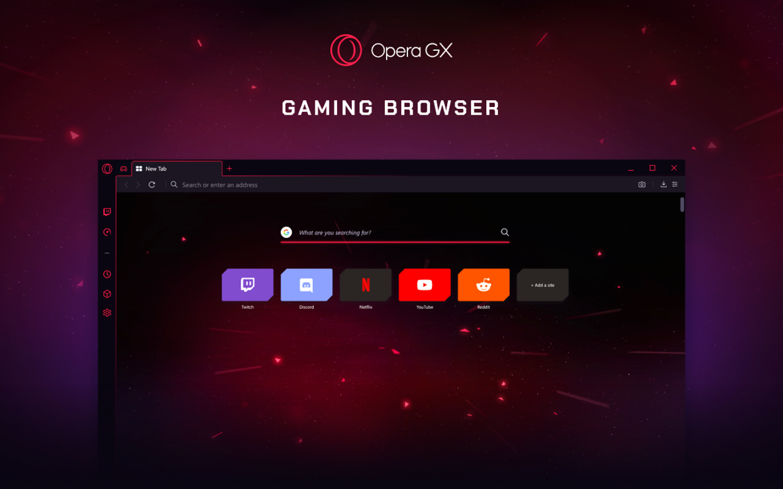 An image showing an open browser window against a dark background, with the words "Opera GX, Gaming Browser" visible