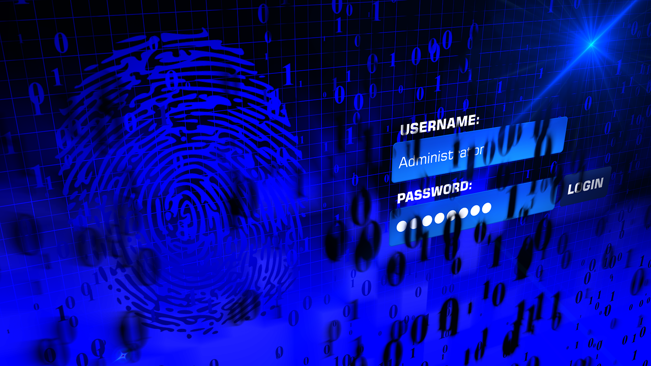 An illustration of a blue fingerprint on a dark background with binary code streaming and a login interface on the right-hand side