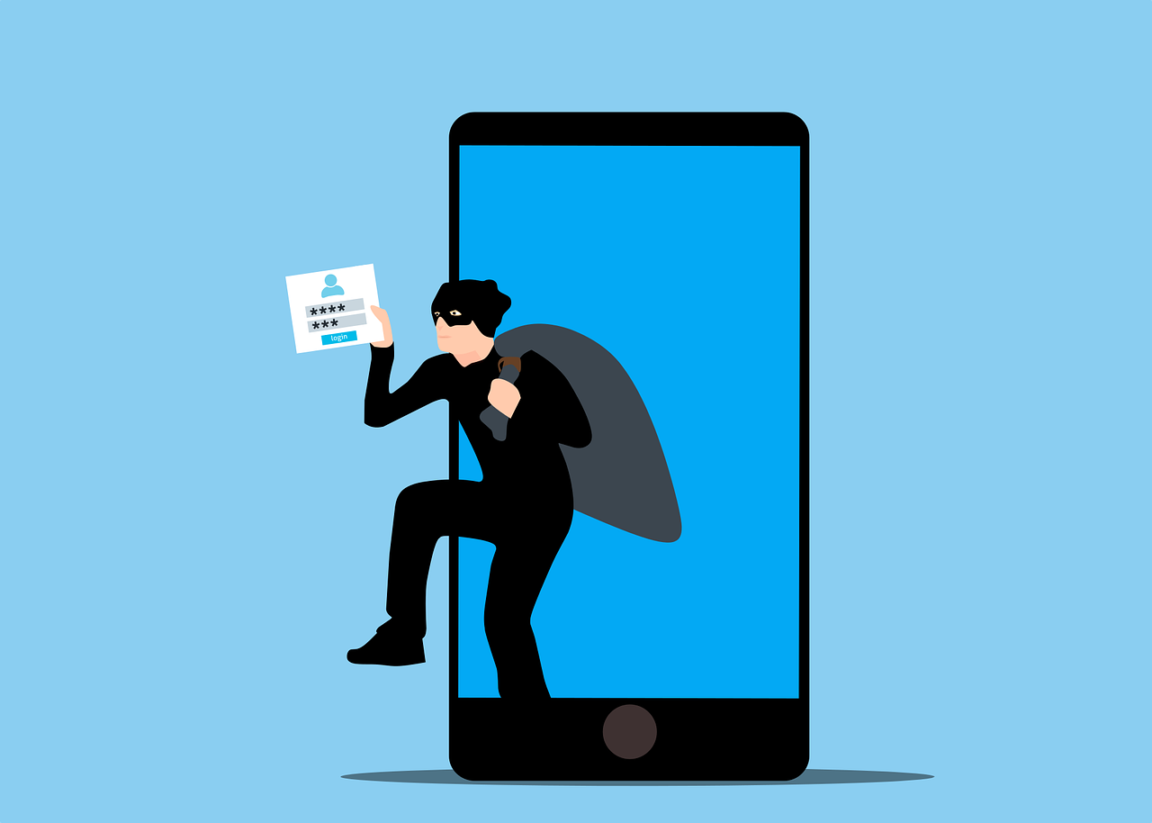 An illustration of a masked burglar exiting a smartphone with a sack on their back and a login interface in their hand