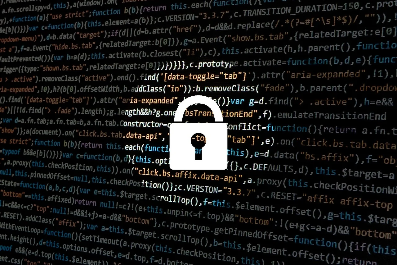 An illustration of a white locked padlock shown against a black background with code running on it