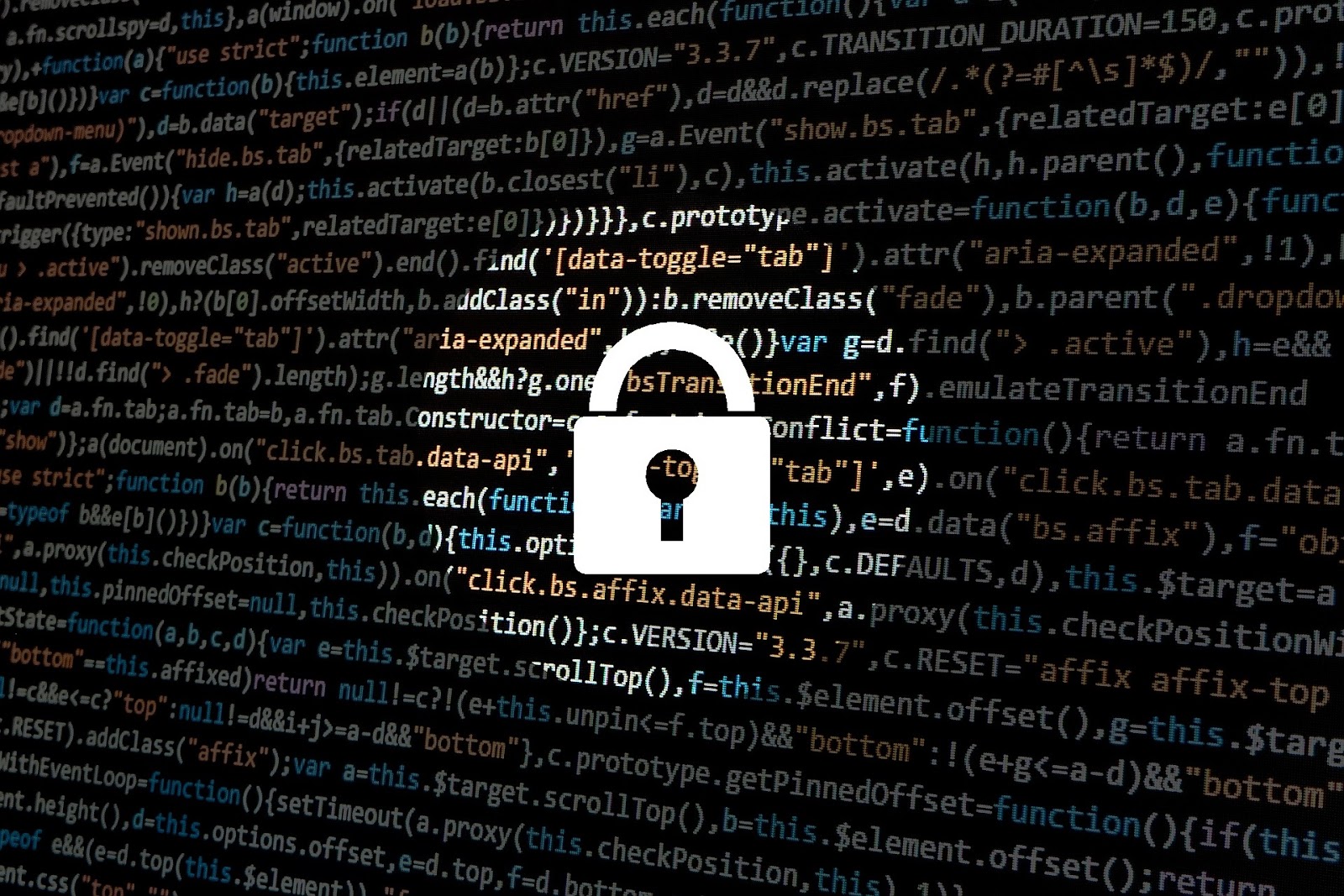 An illustration showing computer code displayed on a dark screen with a white padlock icon overlaid