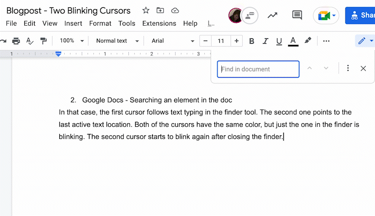 Searching an element in the google document. Illustration of the cursors' behavior.