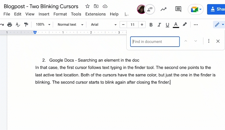 Screenshot of a Google Docs document titled 'Blogpost - Two Blinking Cursors,' showing a paragraph describing the behavior of two cursors when using the 'Find in document' search bar. The search bar is visible and active on the right side of the screen.