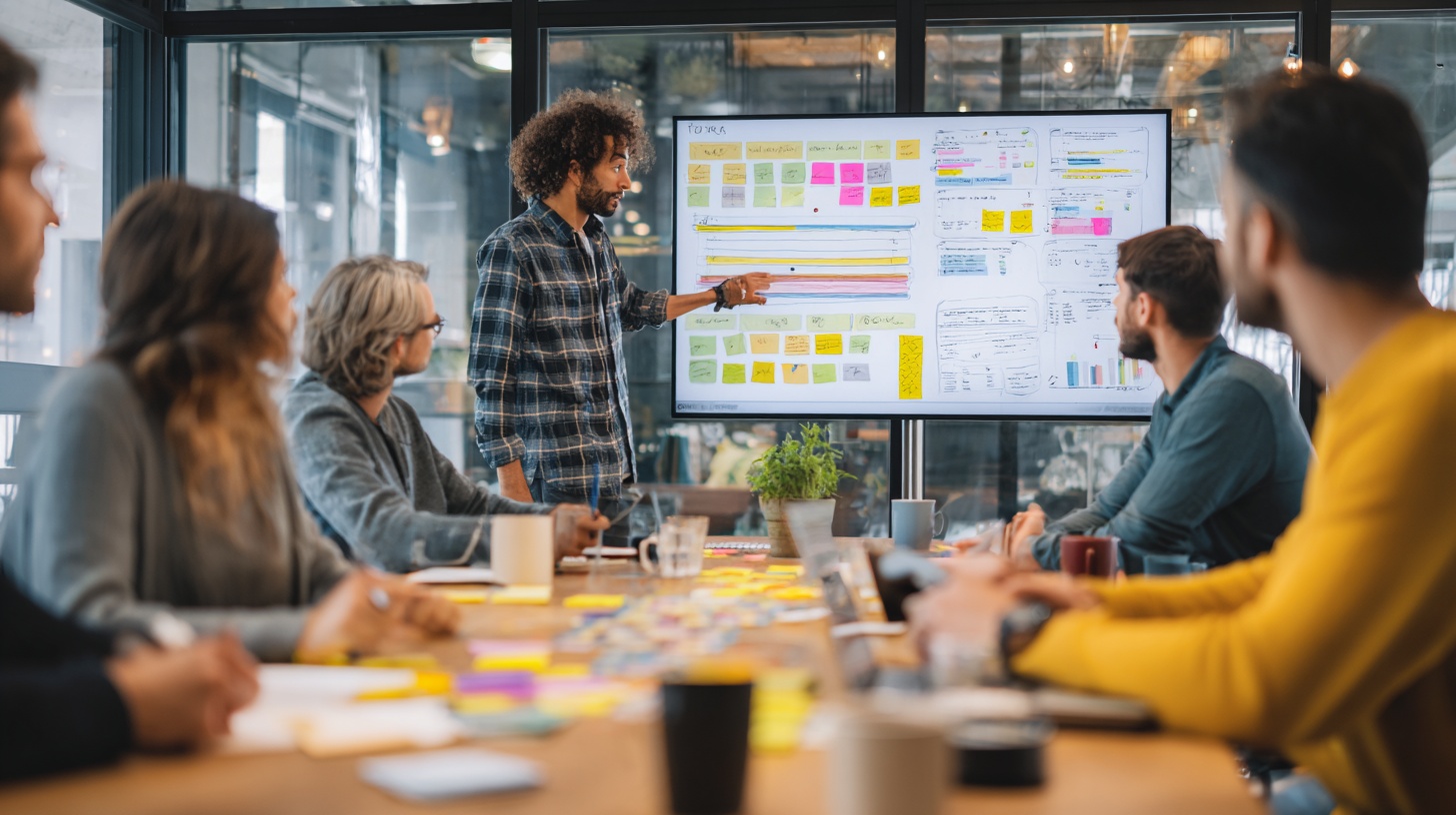 A diverse UX team analyzing real user data in an office setting—heatmaps, feedback transcripts, and analytics on a shared screen, highlighting collaboration and insight.