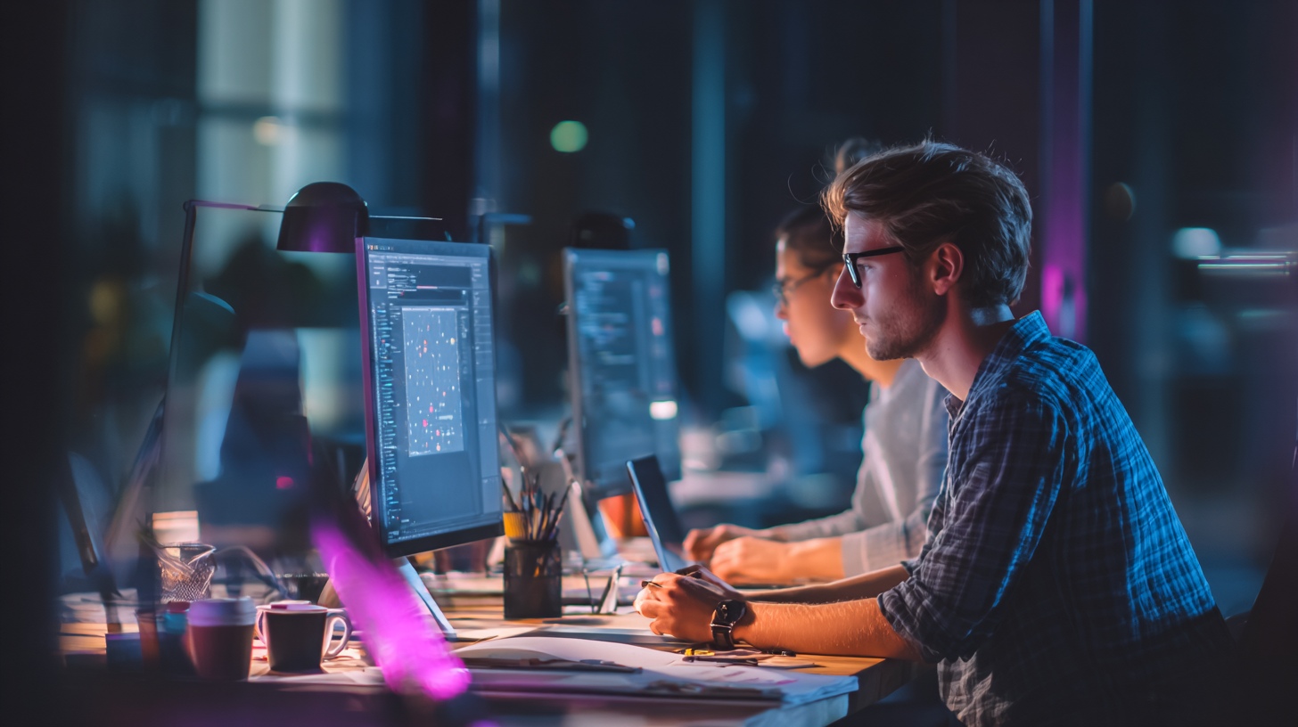 Two professionals working late in a modern tech office, focusing on UX design and coding. One is creating interface layouts on a screen, while the other uses AI-assisted development tools. The workspace is illuminated with soft purple and blue lighting, creating a focused and creative atmosphere.
