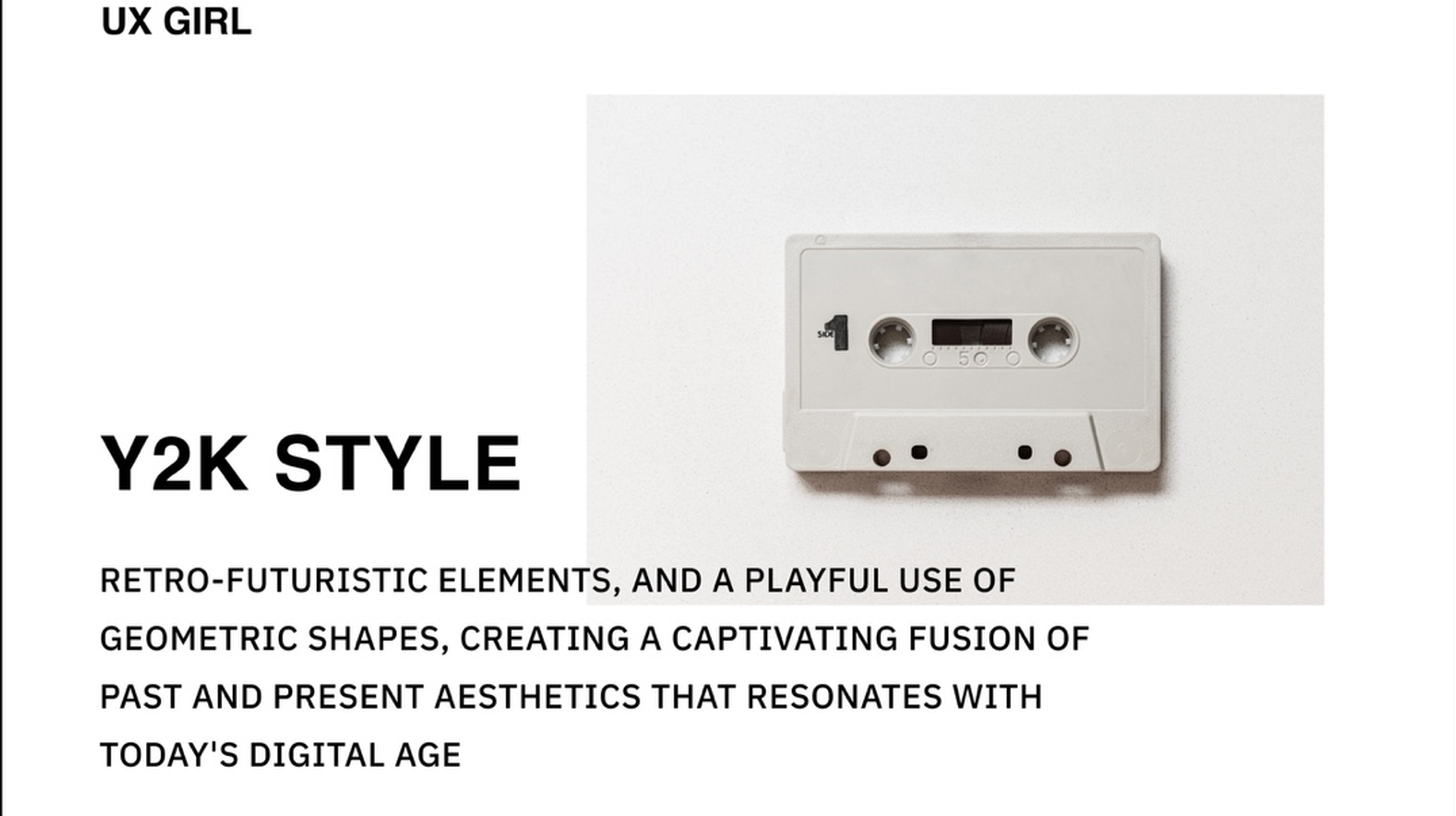A minimalistic graphic promoting the Y2K style, featuring the large bold text 'Y2K STYLE' and a detailed description below. To the right is a small, white, vintage audio cassette tape centered on a plain white background