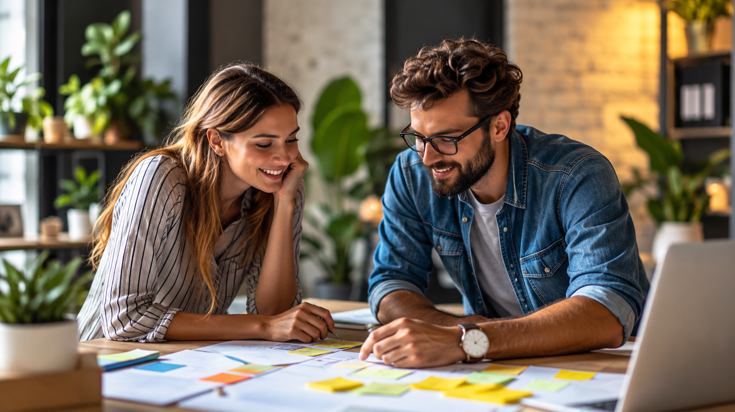 A man and a woman collaborating at a desk, smiling as they review colorful sticky notes and sketches in a warmly lit, creative workspace