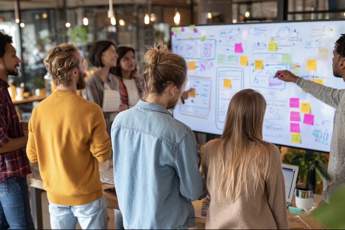 A group of eight people standing around a large whiteboard covered with sketches, diagrams, and colorful sticky notes as they collaborate and discuss ideas in a modern, open office space.