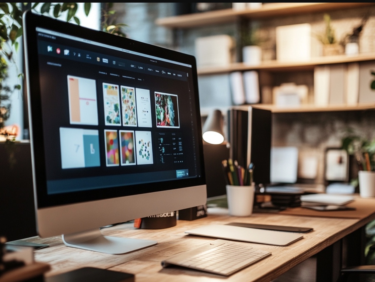 A cozy, plant-filled workspace featuring a large desktop computer displaying a grid of design thumbnails, with drawing tablets and other creative tools neatly arranged on a wooden desk.