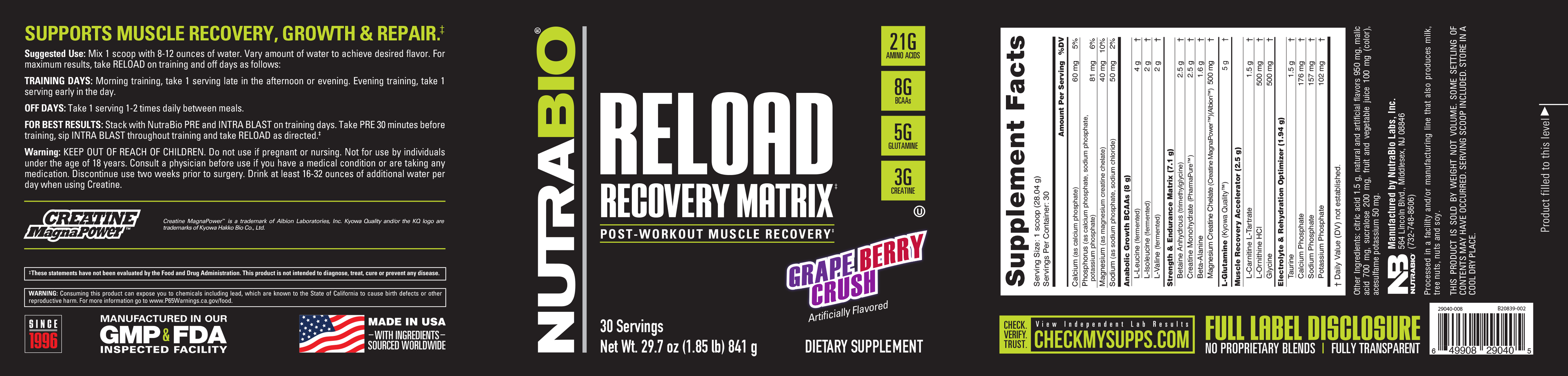 Product nutrition and supplement facts