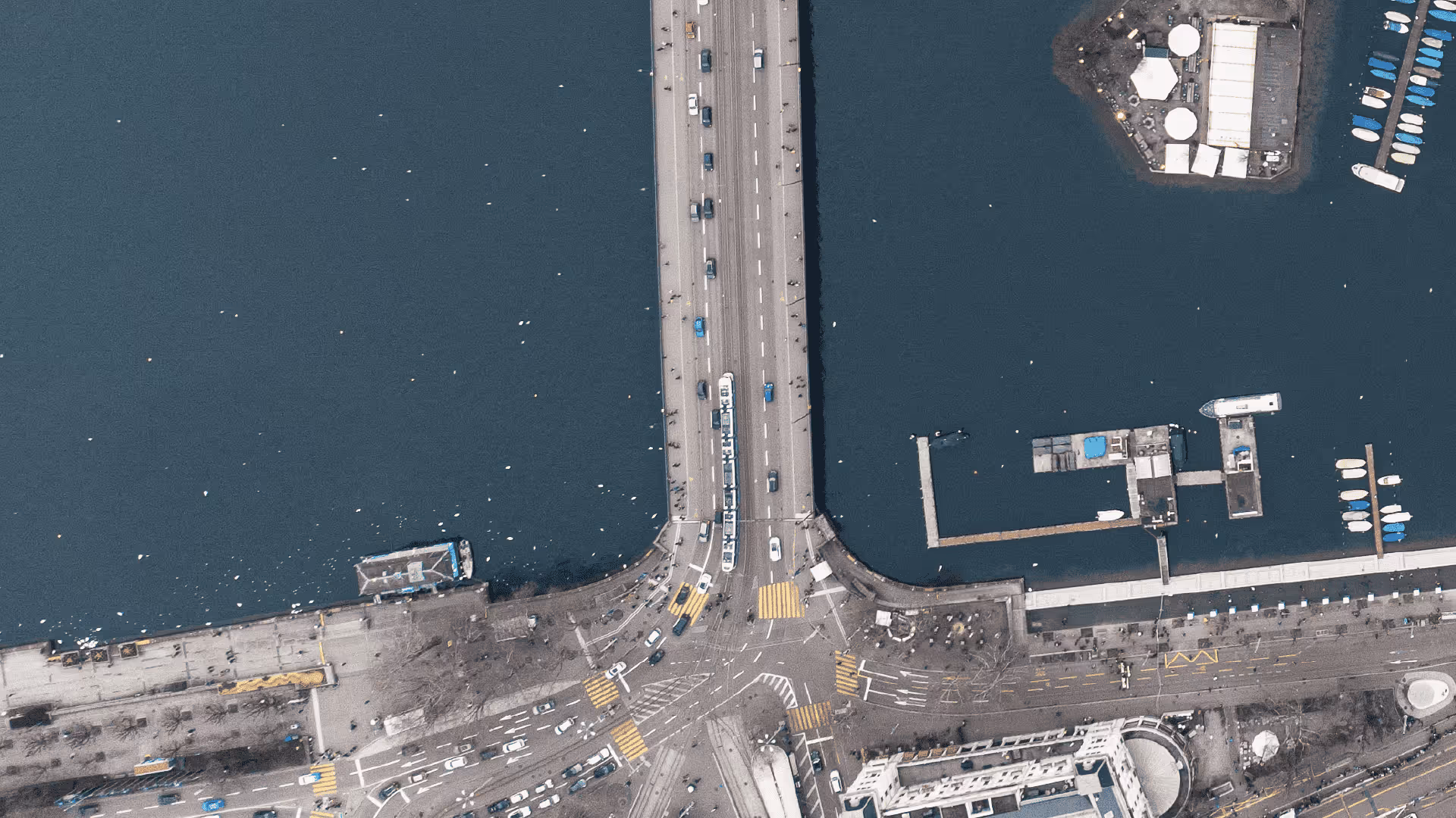 An aerial view of a large body of water.