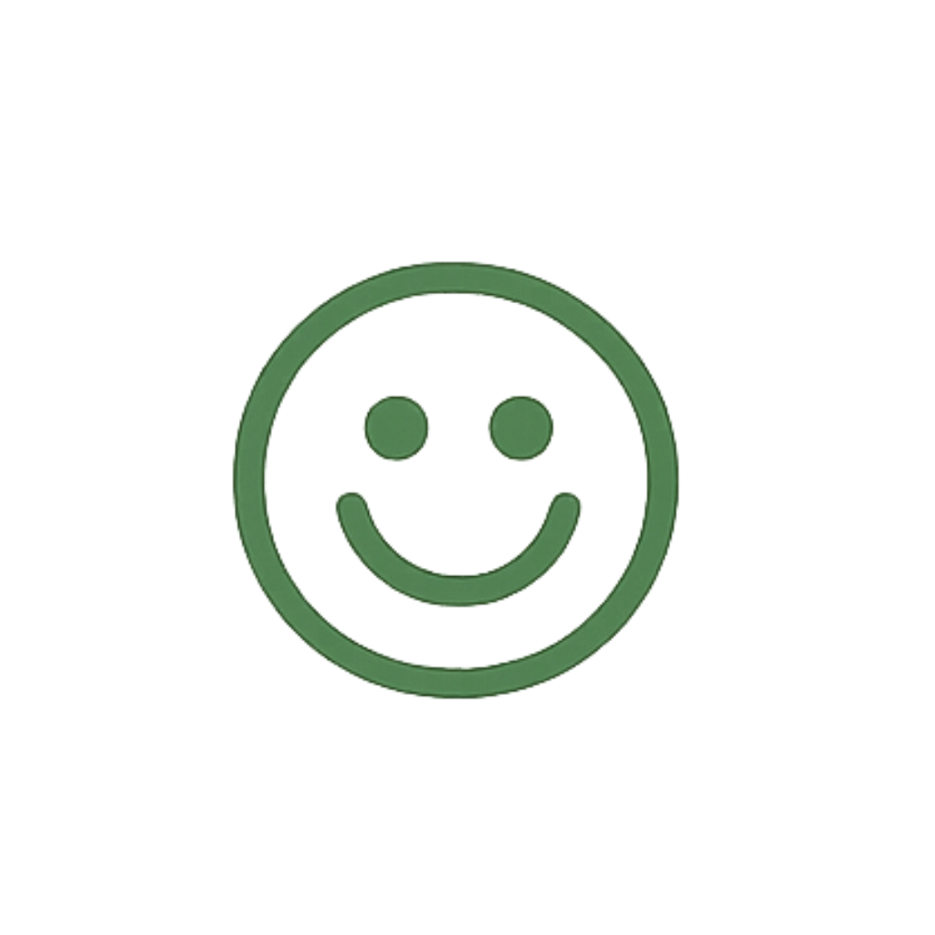 Green smiley face icon with two eyes and a curved smile inside a circle.