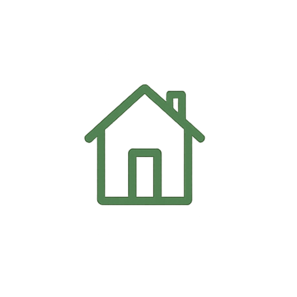 Green line drawing of a house with a chimney and a door on a transparent background.