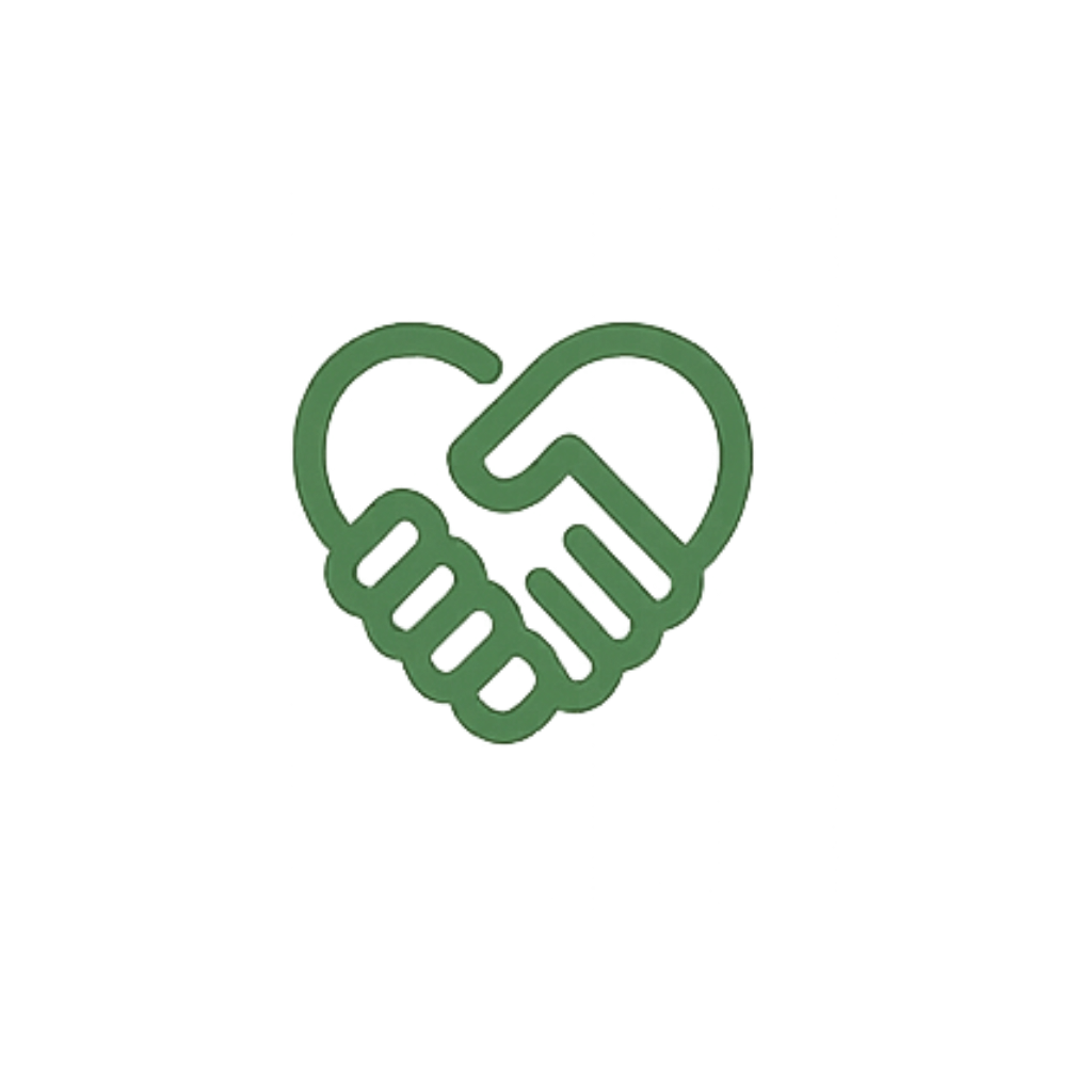 Green line art of two hands shaking, shaped like a heart.