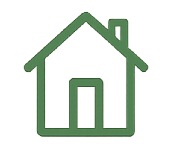 Simple green line icon of a house with a door and chimney.