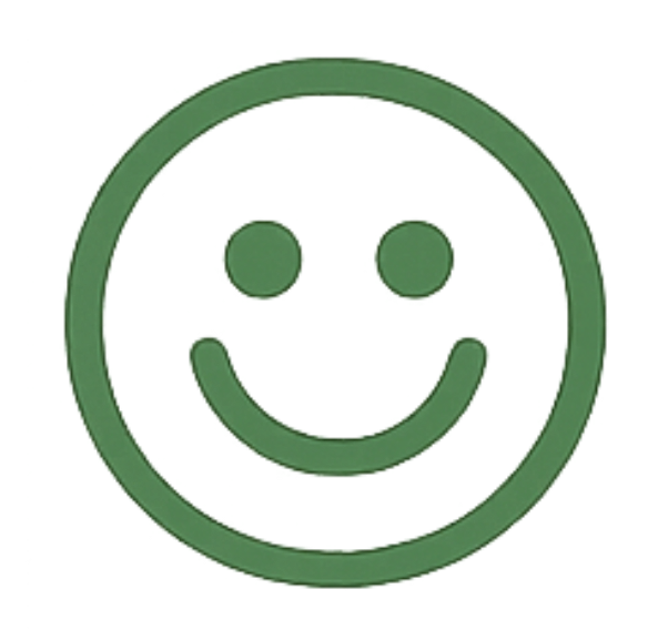 Simple green smiley face with two eyes and a curved mouth inside a circle.