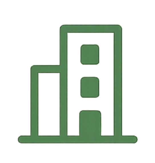 Green outline icon of a two-part building with three windows and a door at the base.