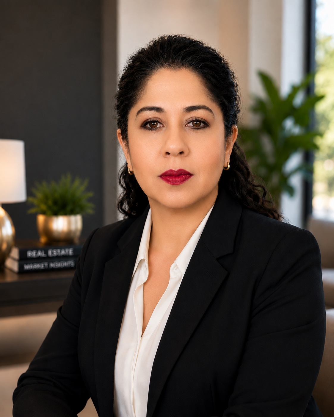 Woman with dark curly hair in a black blazer and white blouse sitting in a modern office setting.
