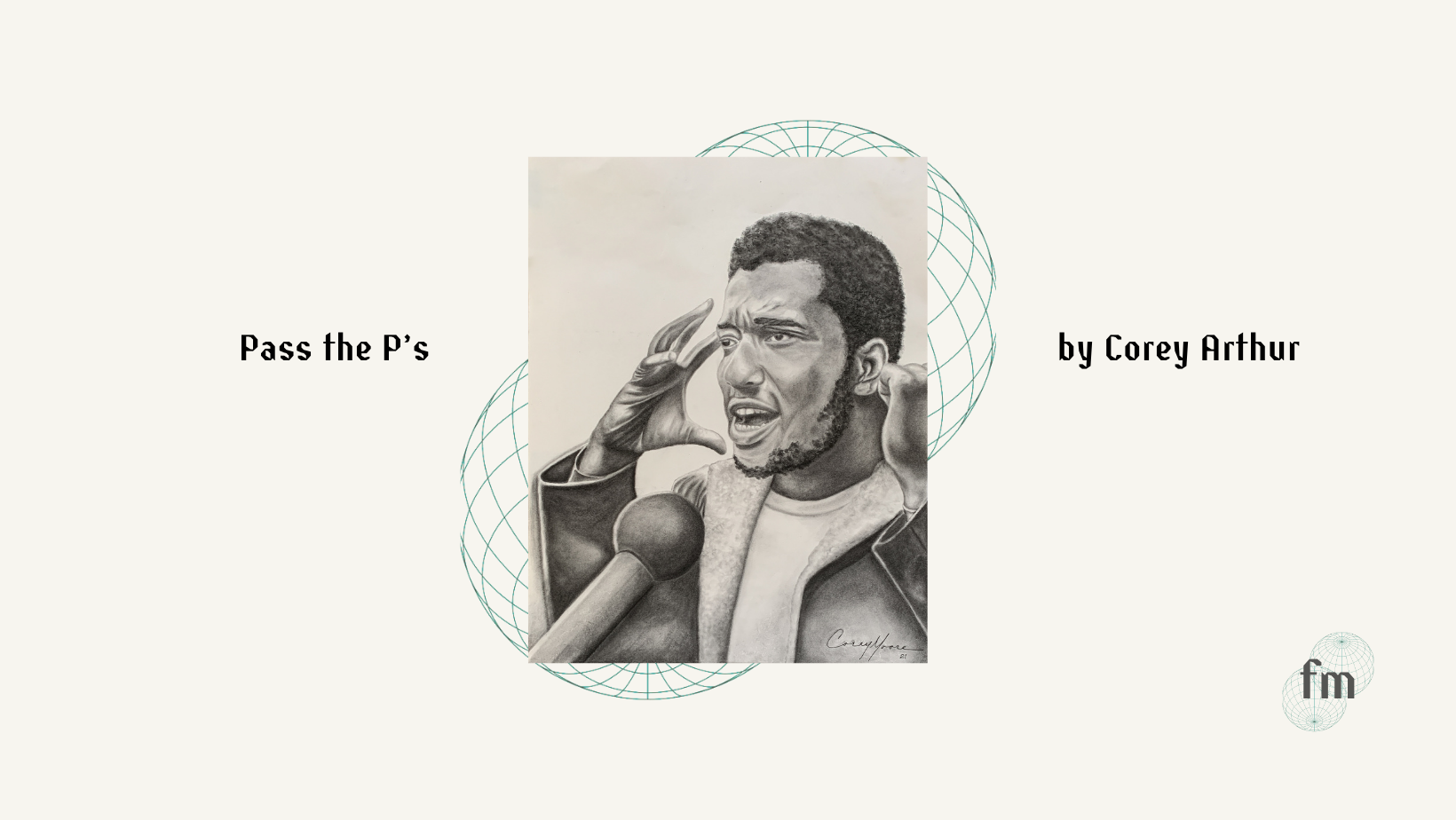 black and white drawing of Chairman Fred Hampton by Corey Moore